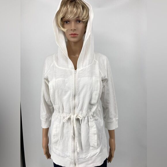 Norma Kamali Full Zip Front Drawstring Waist White Hoodie Size M 100% Cotton - Picture 2 of 8